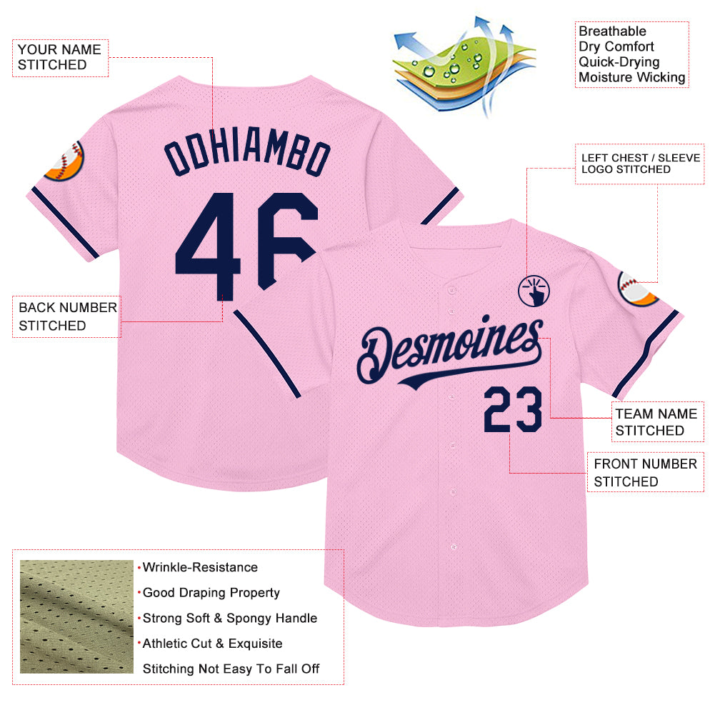 Custom Light Pink Navy Mesh Authentic Throwback Baseball Jersey - Sky-Custom