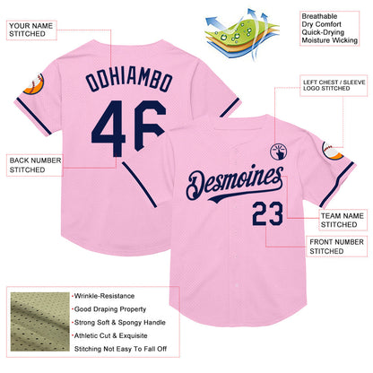 Custom Light Pink Navy Mesh Authentic Throwback Baseball Jersey - Sky-Custom