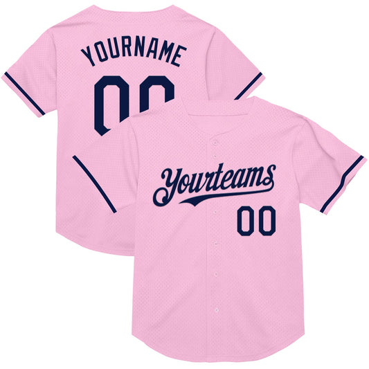 Custom Light Pink Navy Mesh Authentic Throwback Baseball Jersey - Sky-Custom