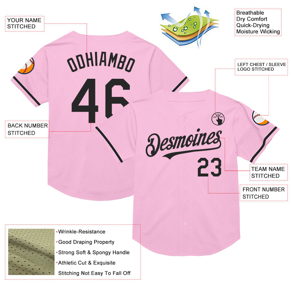Custom Light Pink Black Mesh Authentic Throwback Baseball Jersey - Sky-Custom