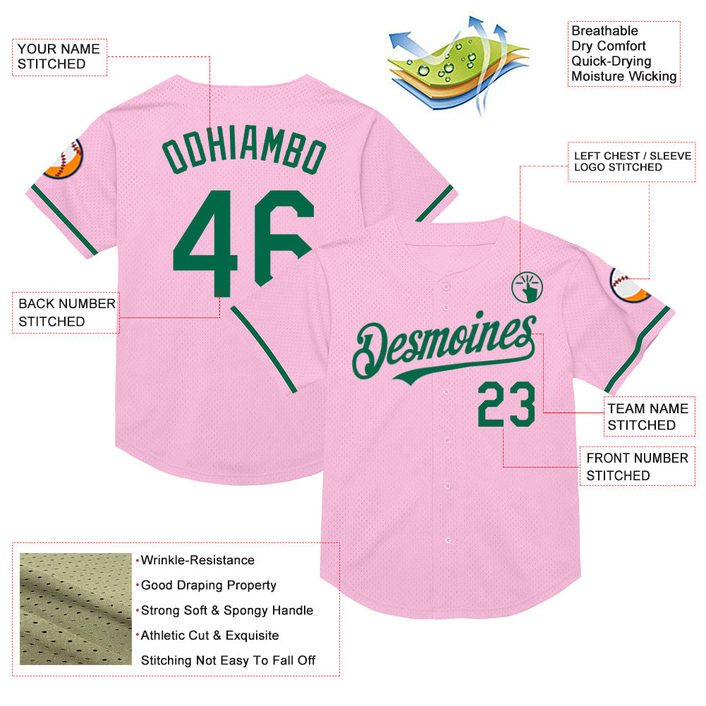 Custom Light Pink Kelly Green Mesh Authentic Throwback Baseball Jersey - Sky-Custom