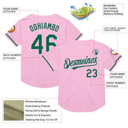 Custom Light Pink Kelly Green Mesh Authentic Throwback Baseball Jersey - Sky-Custom