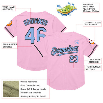 Custom Light Pink Light Blue-Black Mesh Authentic Throwback Baseball Jersey - Sky-Custom