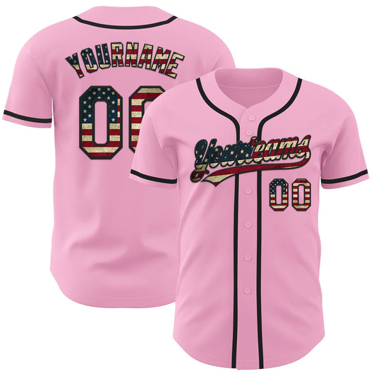 Custom Light Pink Vintage USA Flag-Black Authentic Baseball Jersey - Sky-Custom