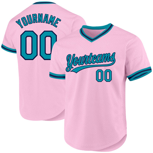 Custom Light Pink Teal-Navy Authentic Throwback Baseball Jersey - Sky-Custom