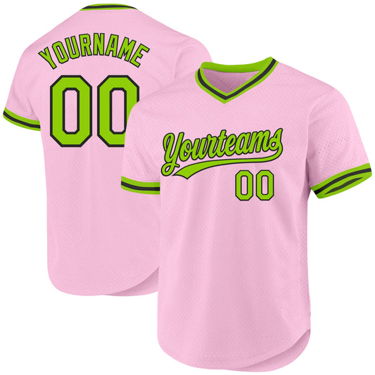 Custom Light Pink Neon Green-Black Authentic Throwback Baseball Jersey - Sky-Custom