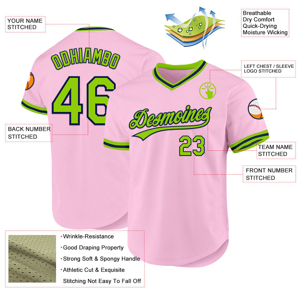 Custom Light Pink Neon Green-Navy Authentic Throwback Baseball Jersey - Sky-Custom