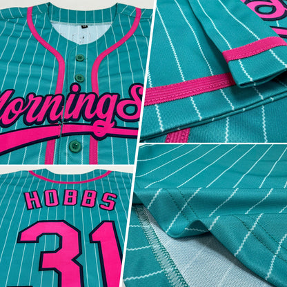 Custom Aqua White Pinstripe Pink-Navy Authentic Baseball Jersey - Sky-Custom
