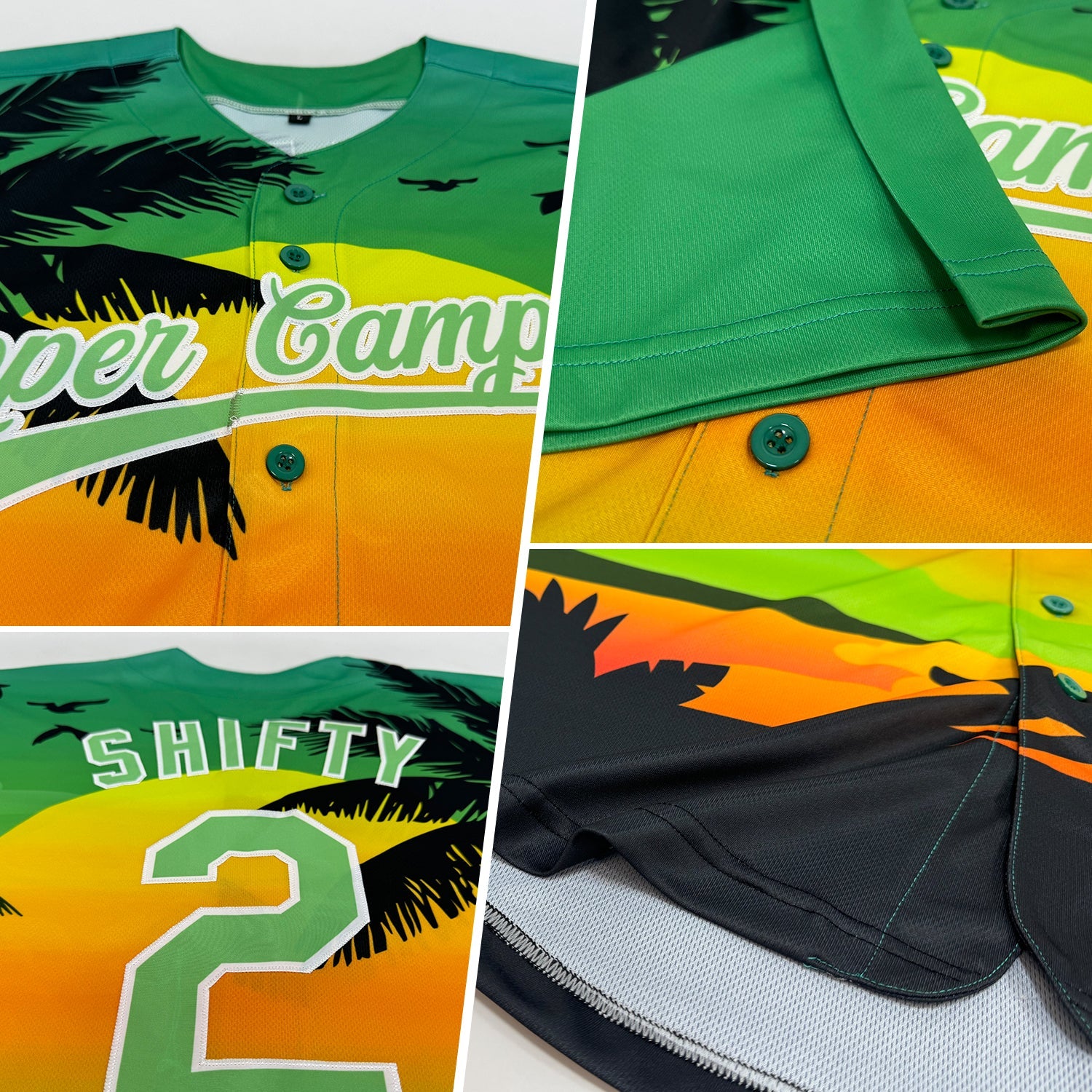 Custom Pea Green Black-White 3D Pattern Design Hawaii Palm Trees And Beach Sunset Authentic Baseball Jersey - Sky-Custom