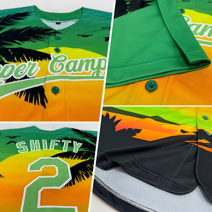 Custom Pea Green Black-White 3D Pattern Design Hawaii Palm Trees And Beach Sunset Authentic Baseball Jersey - Sky-Custom