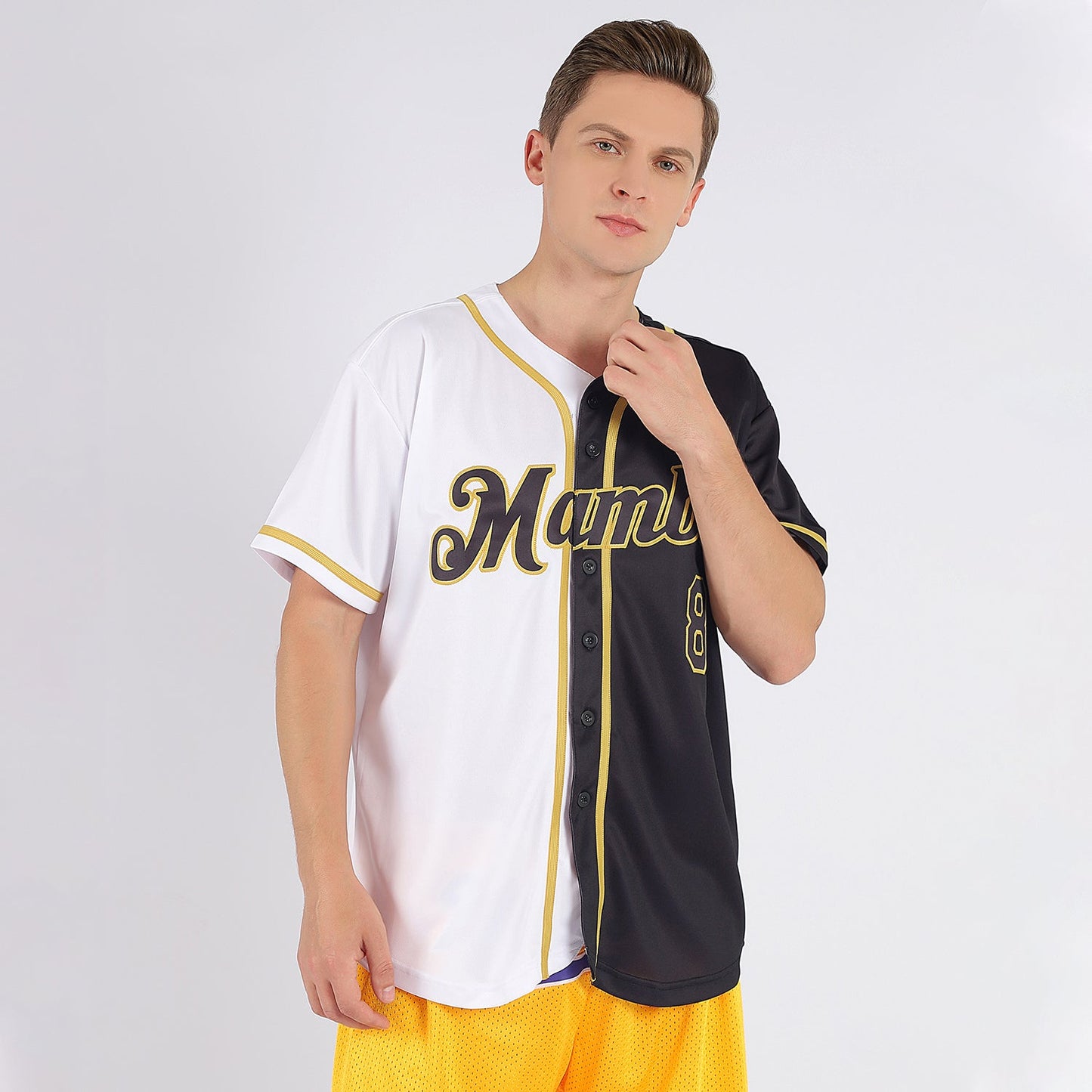 Custom White-Black Old Gold Authentic Split Fashion Baseball Jersey - Sky-Custom