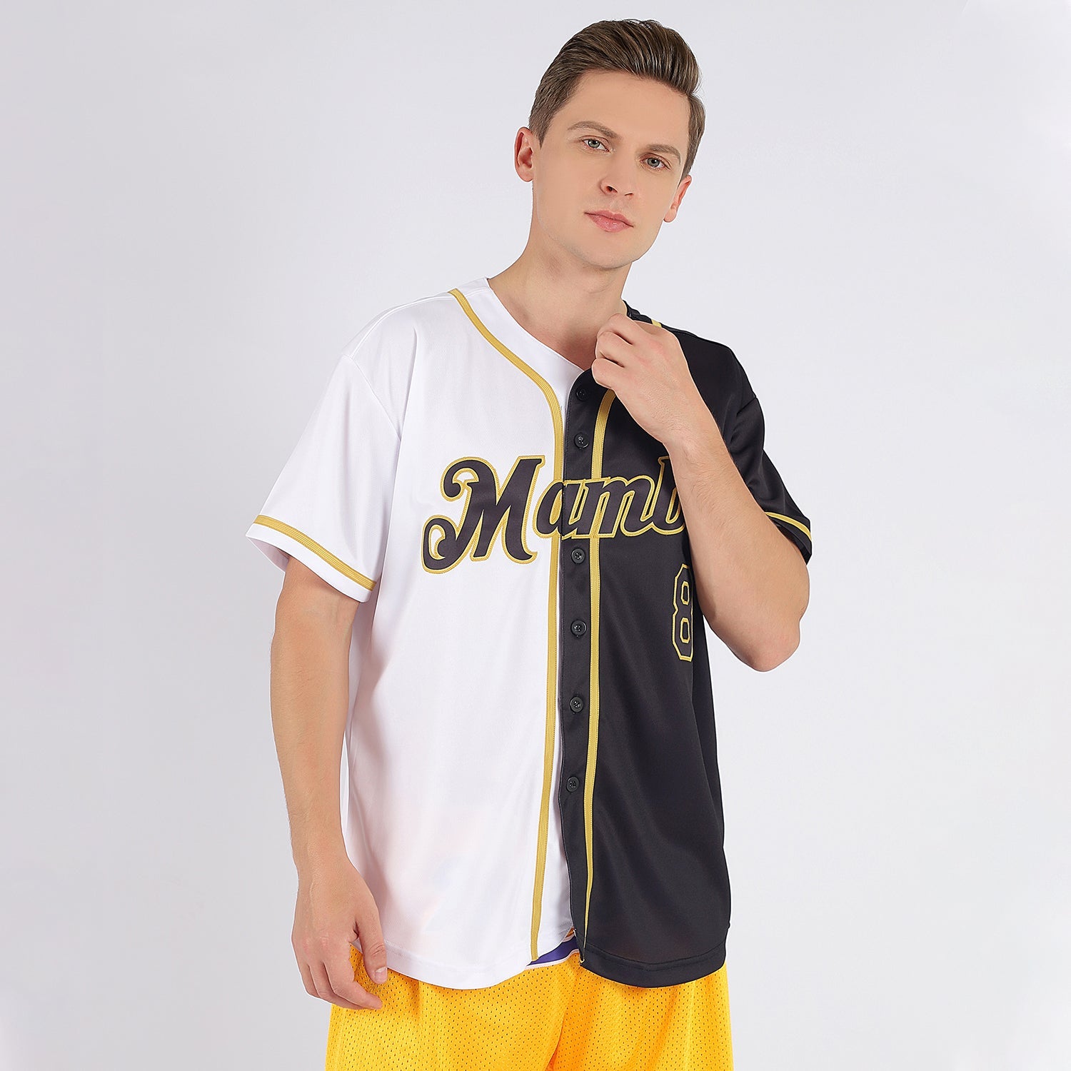 Custom White-Black Old Gold Authentic Split Fashion Baseball Jersey - Sky-Custom