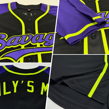 Custom Black Purple-Neon Green Authentic Raglan Sleeves Baseball Jersey - Sky-Custom