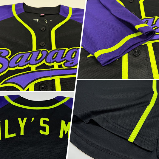 Custom Black Purple-Neon Green Authentic Raglan Sleeves Baseball Jersey - Sky-Custom