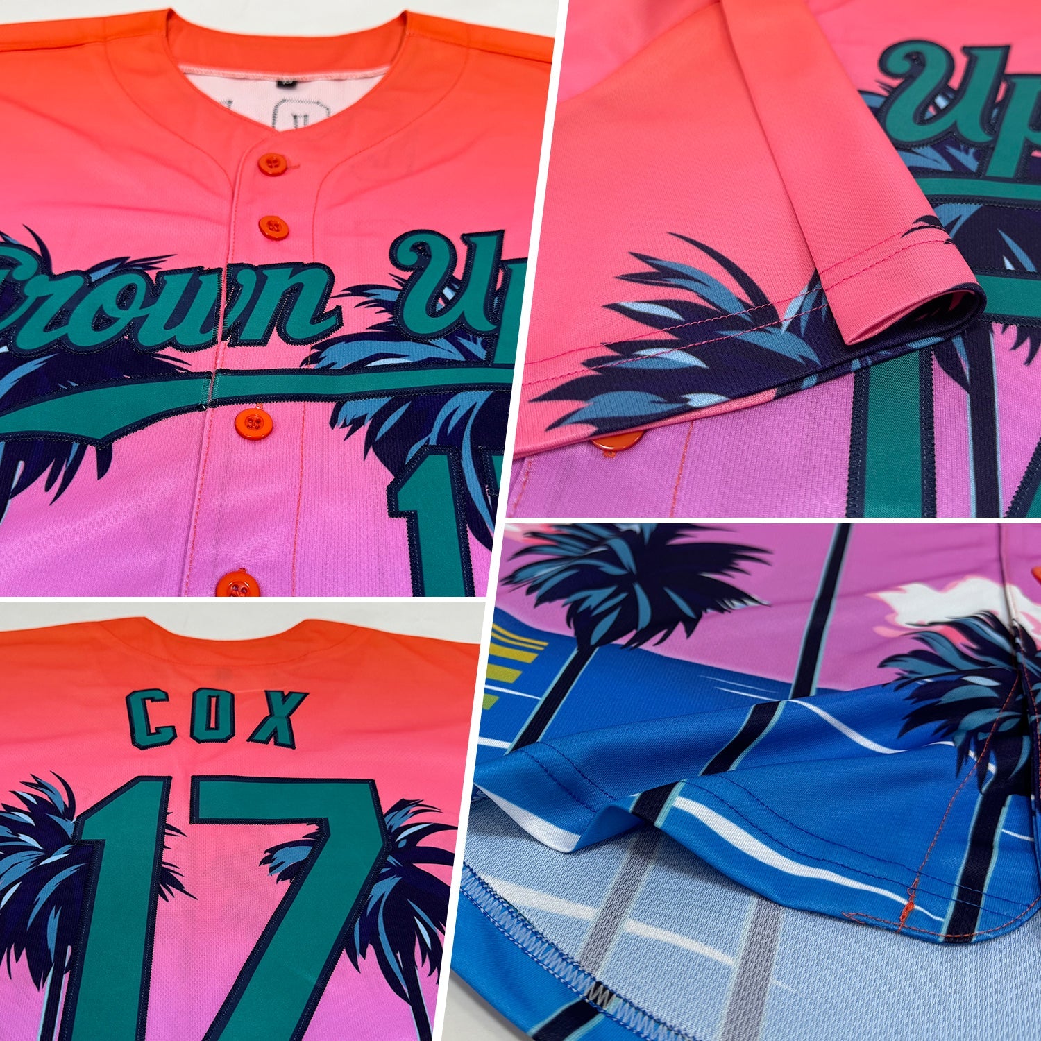 Custom Orange Teal-Navy 3D Pattern Design Sun Beach Hawaii Palm Trees Authentic Baseball Jersey - Sky-Custom
