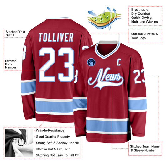 Custom Maroon White-Light Blue Hockey Jersey - Sky-Custom