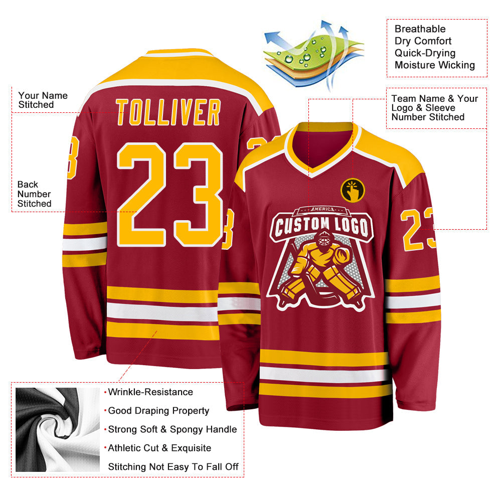 Custom Maroon Gold-White Hockey Jersey - Sky-Custom