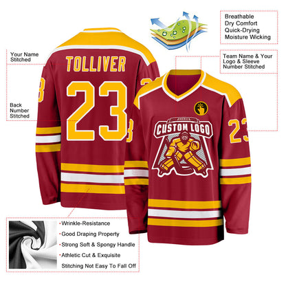 Custom Maroon Gold-White Hockey Jersey - Sky-Custom