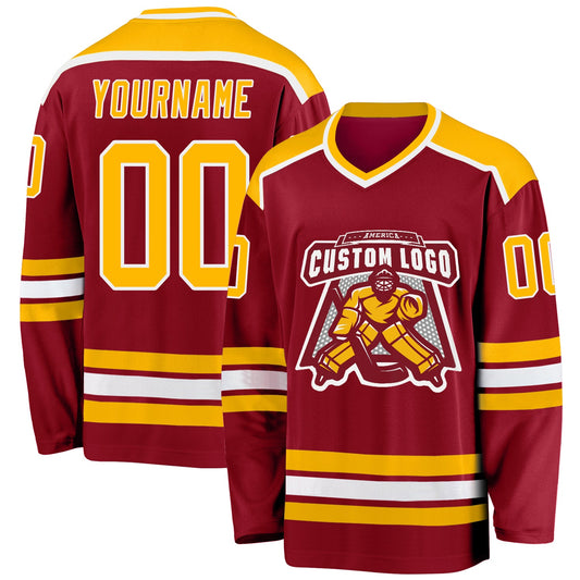 Custom Maroon Gold-White Hockey Jersey - Sky-Custom