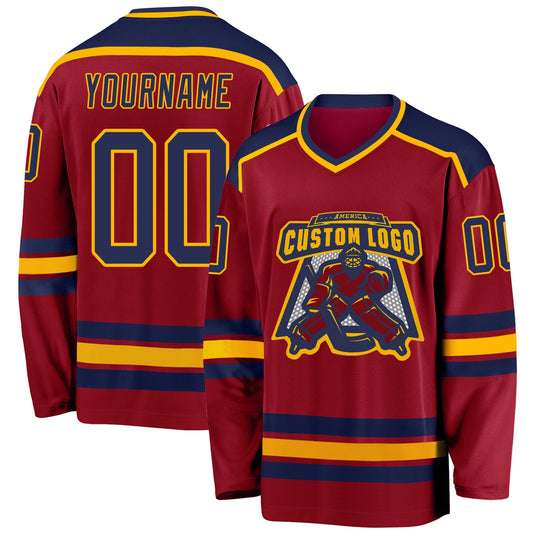 Custom Maroon Navy-Gold Hockey Jersey - Sky-Custom