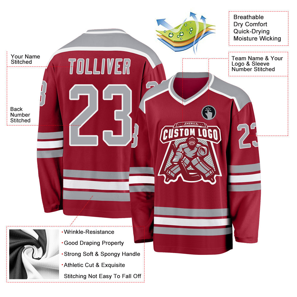 Custom Maroon Gray-White Hockey Jersey - Sky-Custom