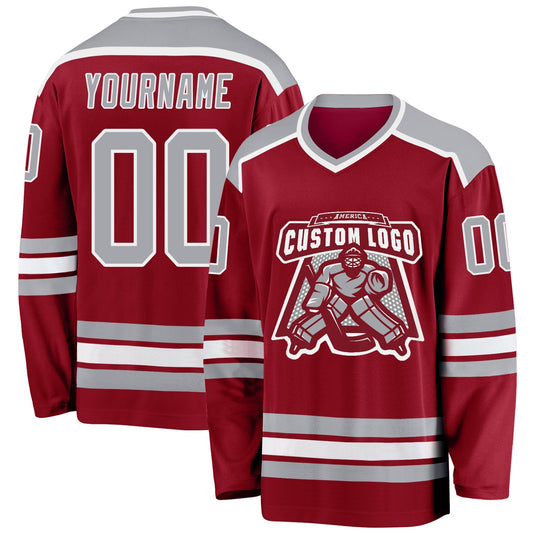 Custom Maroon Gray-White Hockey Jersey - Sky-Custom