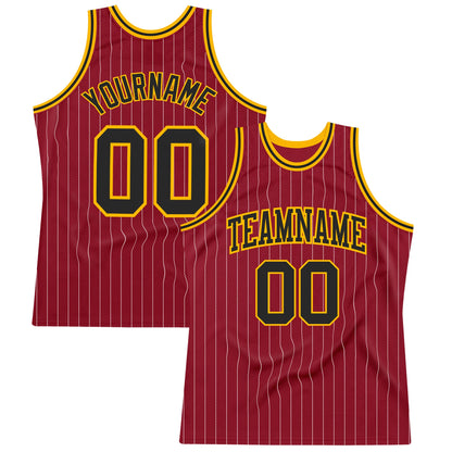 Custom Maroon White Pinstripe Black-Gold Authentic Basketball Jersey - Sky-Custom