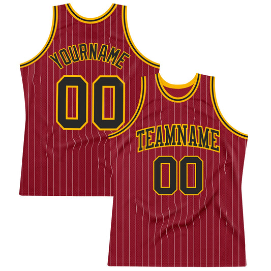 Custom Maroon White Pinstripe Black-Gold Authentic Basketball Jersey - Sky-Custom