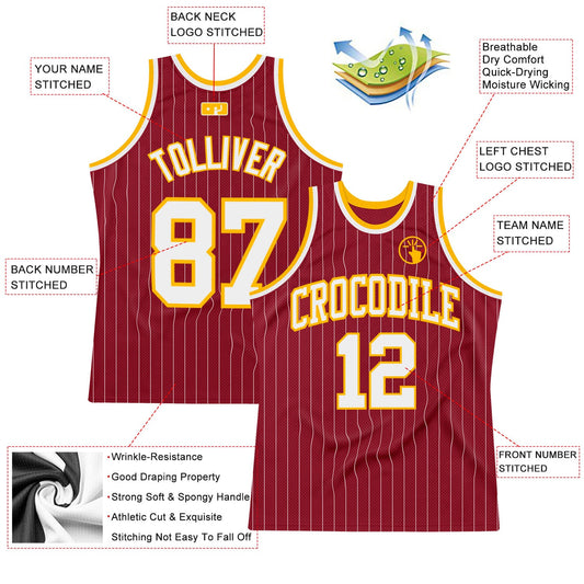 Custom Maroon White Pinstripe White-Gold Authentic Basketball Jersey - Sky-Custom