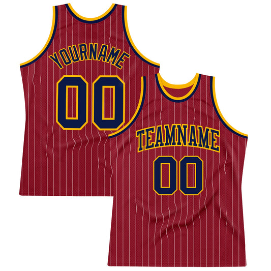 Custom Maroon White Pinstripe Navy-Gold Authentic Basketball Jersey - Sky-Custom