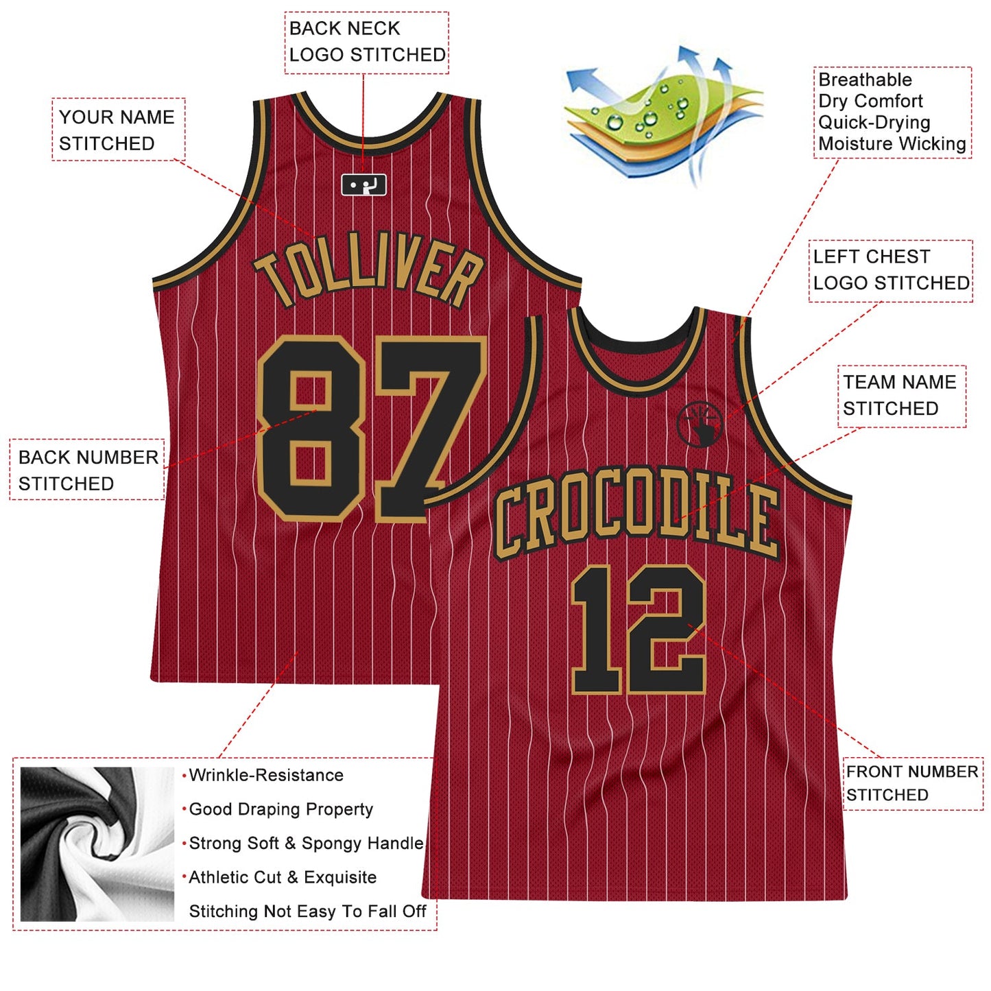 Custom Maroon White Pinstripe Black-Old Gold Authentic Basketball Jersey - Sky-Custom