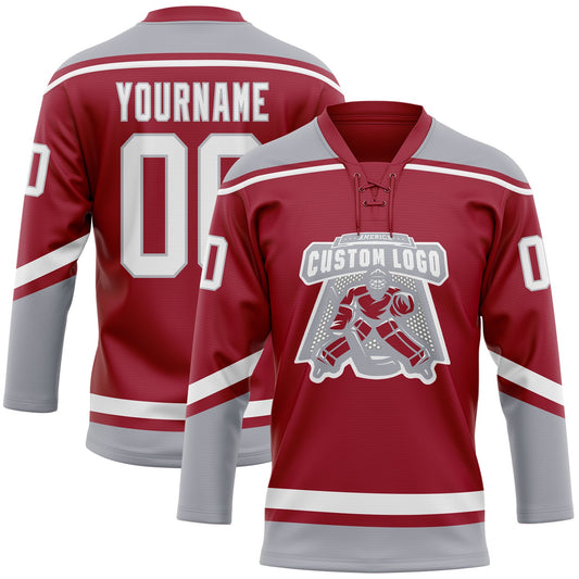 Custom Maroon White-Gray Hockey Lace Neck Jersey - Sky-Custom