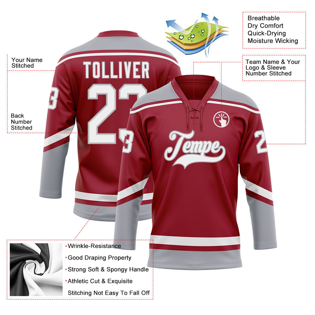 Custom Maroon White-Gray Hockey Lace Neck Jersey - Sky-Custom