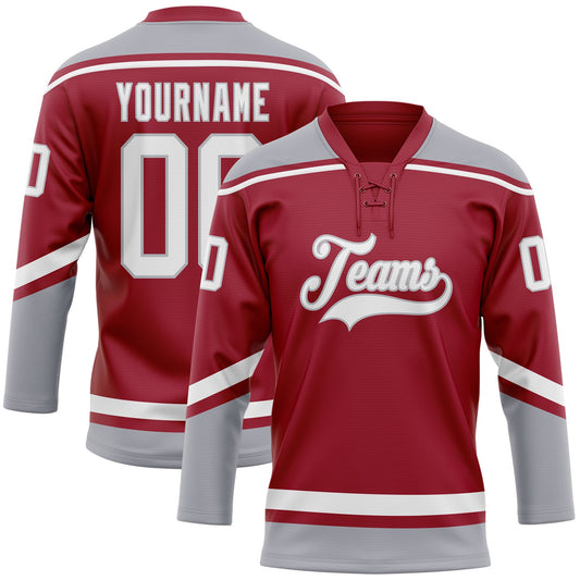 Custom Maroon White-Gray Hockey Lace Neck Jersey - Sky-Custom