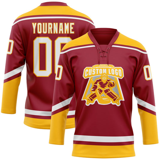 Custom Maroon White-Gold Hockey Lace Neck Jersey - Sky-Custom