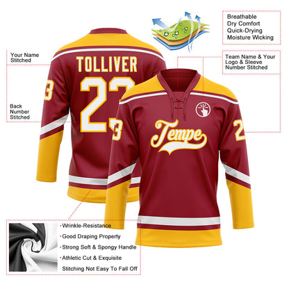 Custom Maroon White-Gold Hockey Lace Neck Jersey - Sky-Custom
