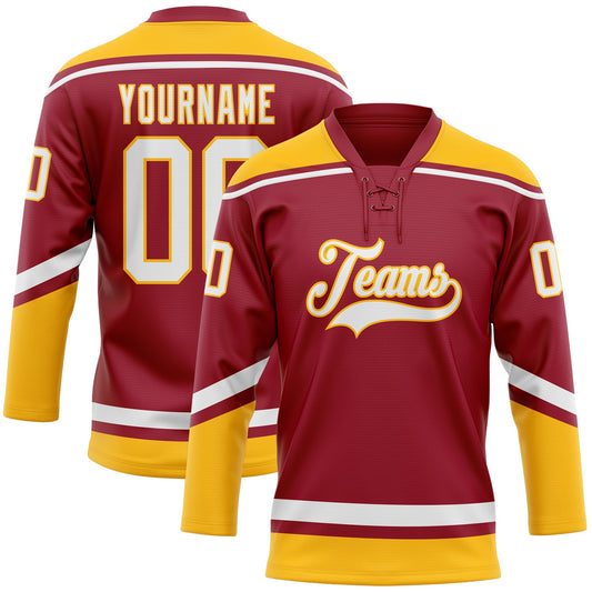 Custom Maroon White-Gold Hockey Lace Neck Jersey - Sky-Custom