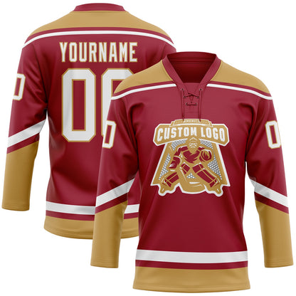 Custom Maroon White-Old Gold Hockey Lace Neck Jersey - Sky-Custom