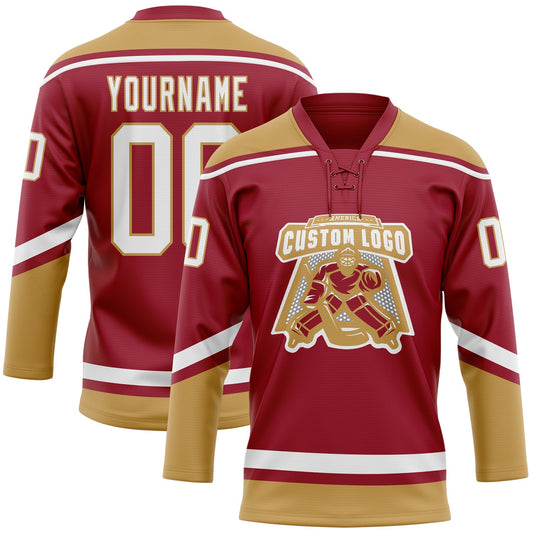 Custom Maroon White-Old Gold Hockey Lace Neck Jersey - Sky-Custom