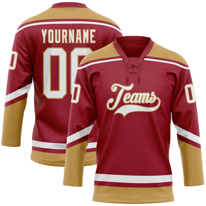 Custom Maroon White-Old Gold Hockey Lace Neck Jersey - Sky-Custom