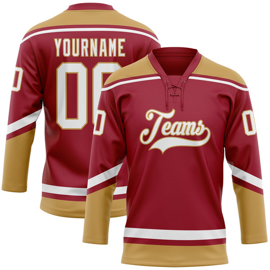 Custom Maroon White-Old Gold Hockey Lace Neck Jersey - Sky-Custom