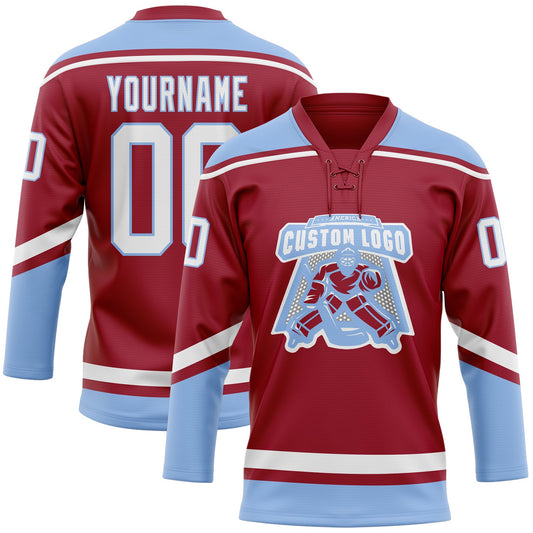 Custom Maroon White-Light Blue Hockey Lace Neck Jersey - Sky-Custom