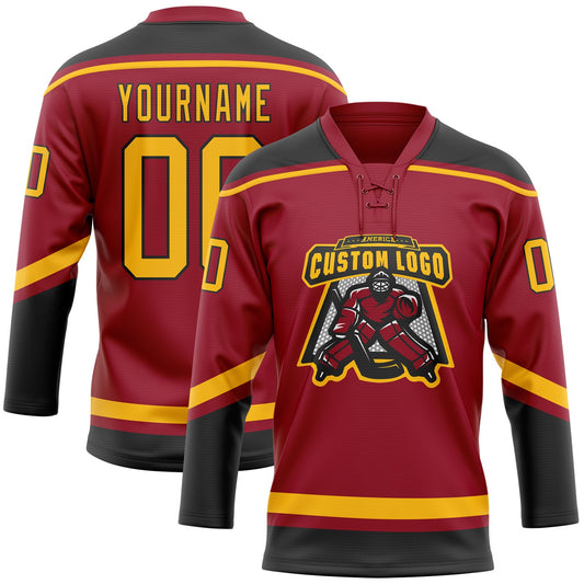 Custom Maroon Gold-Black Hockey Lace Neck Jersey - Sky-Custom