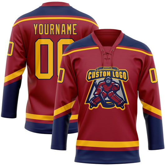 Custom Maroon Gold-Navy Hockey Lace Neck Jersey - Sky-Custom