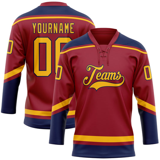 Custom Maroon Gold-Navy Hockey Lace Neck Jersey - Sky-Custom