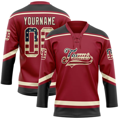 Custom Maroon Vintage USA Flag Cream-Black Hockey Lace Neck Jersey - Sky-Custom