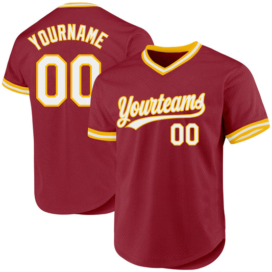 Custom Maroon White-Gold Authentic Throwback Baseball Jersey - Sky-Custom