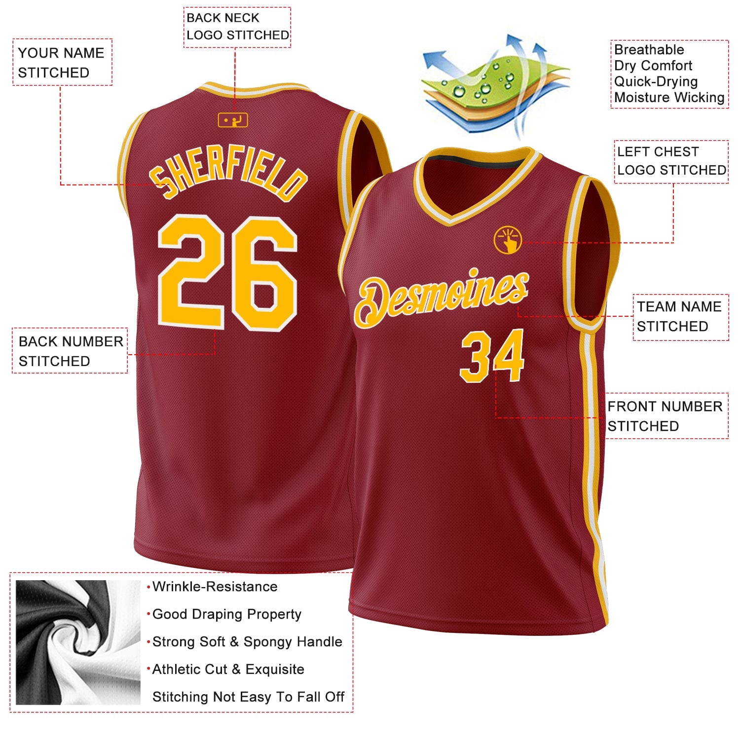 Custom Maroon Gold-White Authentic Throwback Basketball Jersey - Sky-Custom
