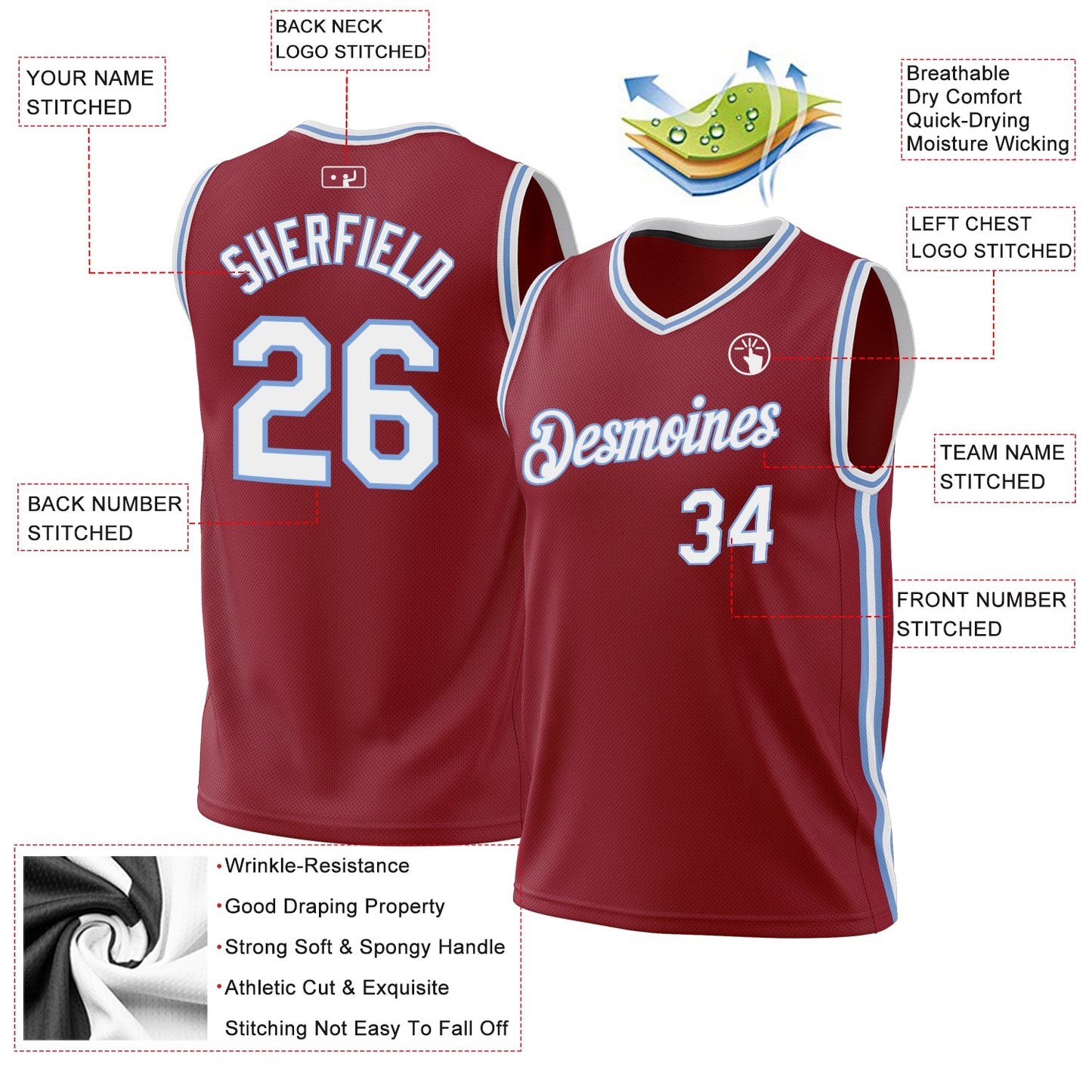 Custom Maroon White-Light Blue Authentic Throwback Basketball Jersey - Sky-Custom