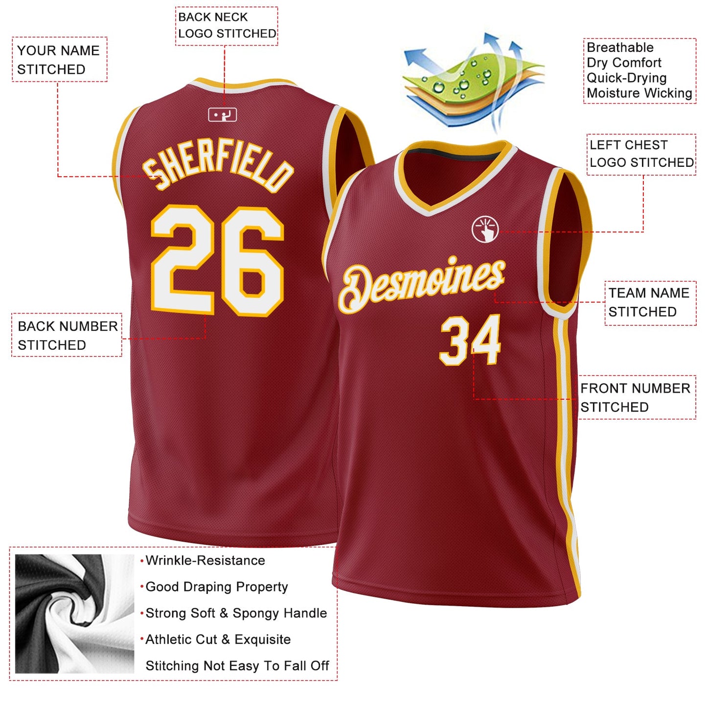 Custom Maroon White-Gold Authentic Throwback Basketball Jersey - Sky-Custom